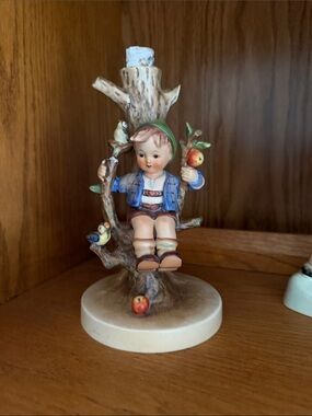 Hummel Hand-Painted Figurine Boy on Tree Branch - Blue and Brown